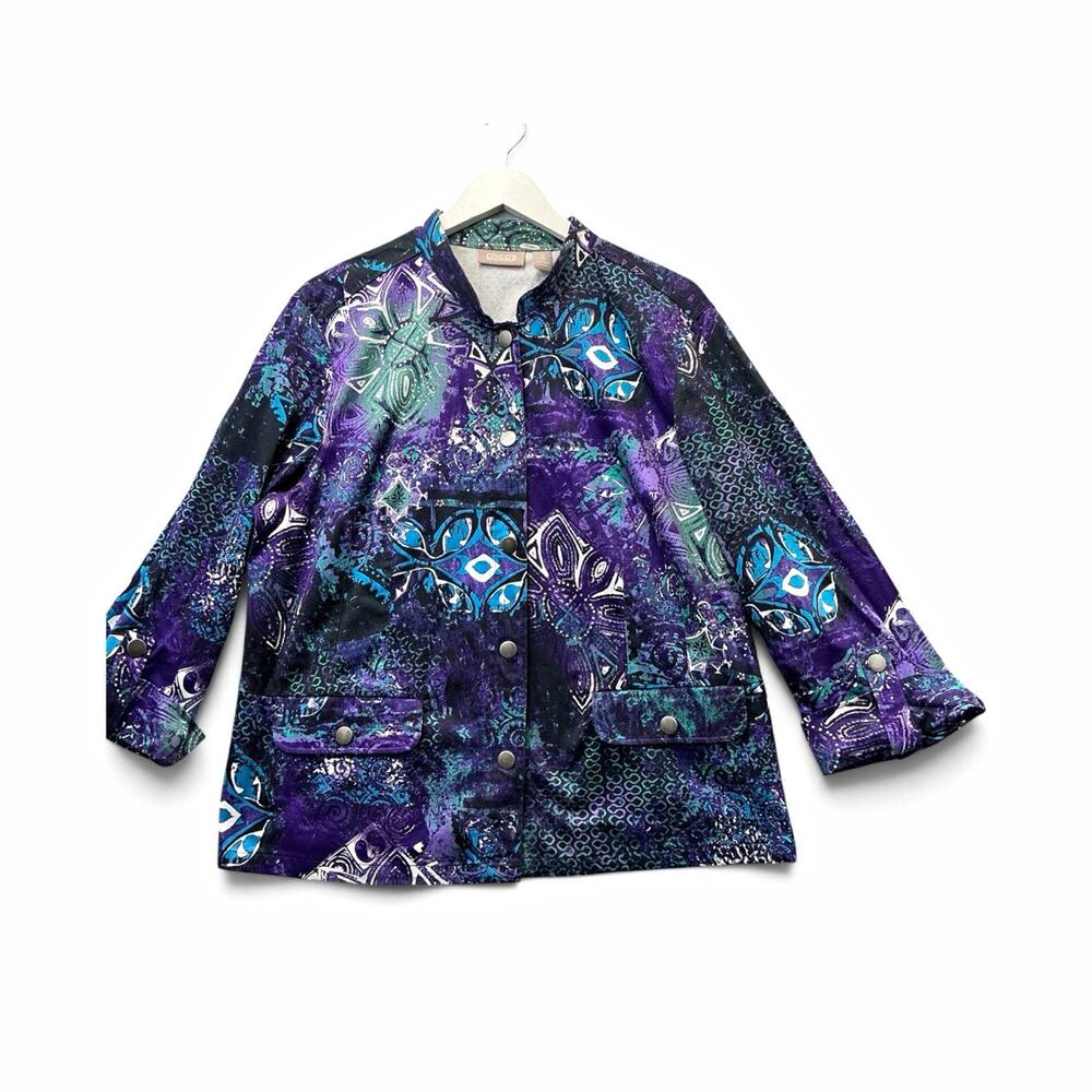 Chico's Travelers Women's Size 3 Abstract Snap Front Jacket Purple Blue Green